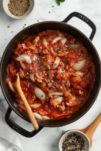 This image shows the pot covered and cooking over medium-low heat for 10 minutes for cooking Keto Crockpot Goulash