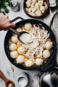 This image shows the finished keto chicken dumplings served hot with extra parmesan.