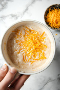 This image shows shredded cheddar cheese being stirred into the sauce.