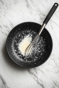 This image shows freshly grated parmesan cheese being added to the pan.