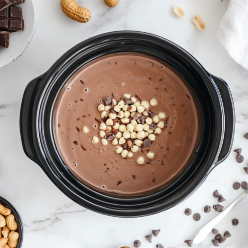 this image shows crockpot-hot-chocolate in a black bowl with nuts on top
