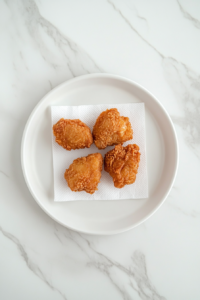 This image shows fried chicken pieces being placed on paper towels to drain excess oil.