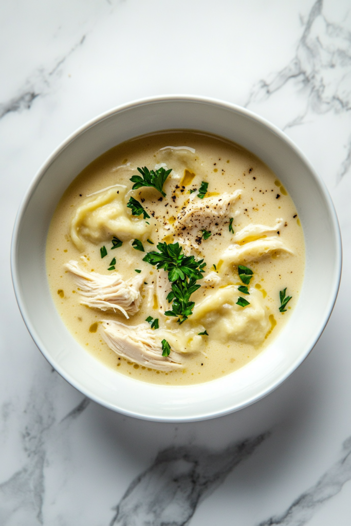 This image shows a comforting bowl of creamy chicken and dumpling soup, garnished with fresh cilantro, featuring tender dumplings and chicken in a rich, velvety broth served in a white bowl.