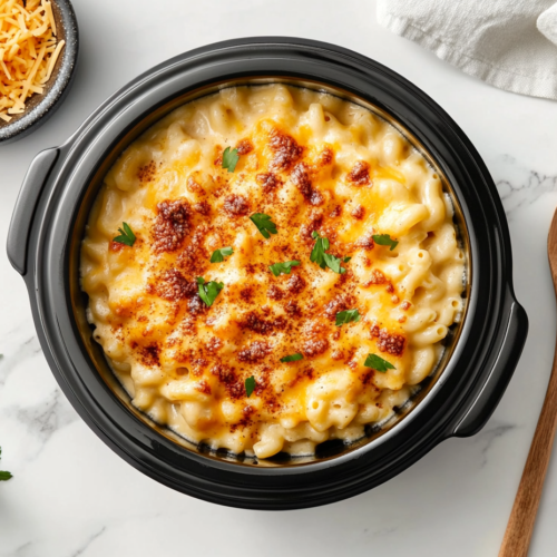 crockpot-macaroni-and-cheese-ready-to-be-served garnished with cilantro