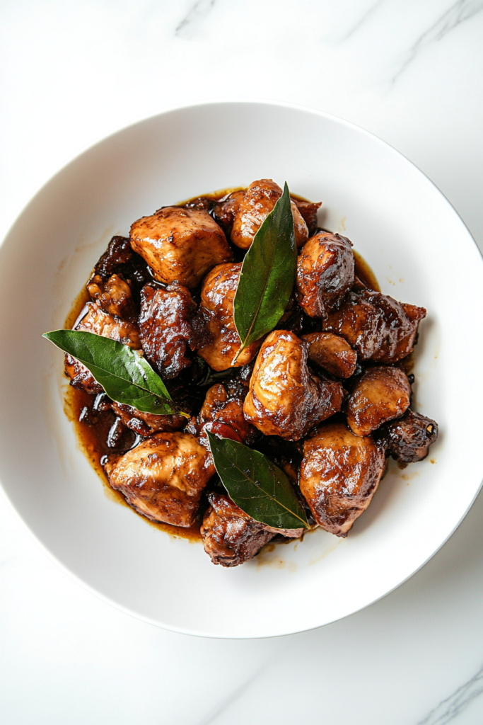 This image shows flavorful Filipino adobo chicken served on a white plate, beautifully garnished with aromatic bay leaves.