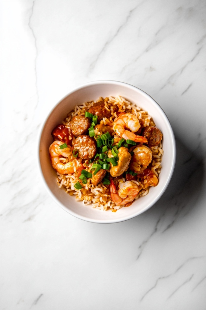 This image shows a bowl of forgotten jambalaya, packed with small prawn pieces and topped with a sprinkling of spring onions for a vibrant finish.