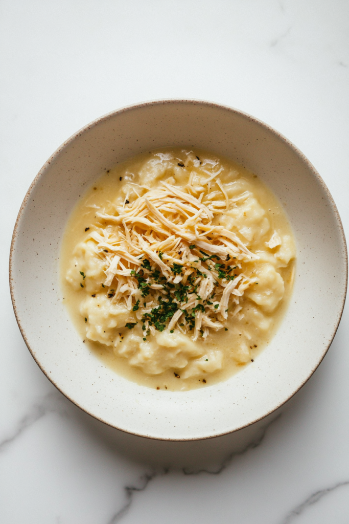 this image shows a bowl of creamy slow-cooked chicken dumplings, topped with shredded chicken and fresh cilantro, served in a white bowl.