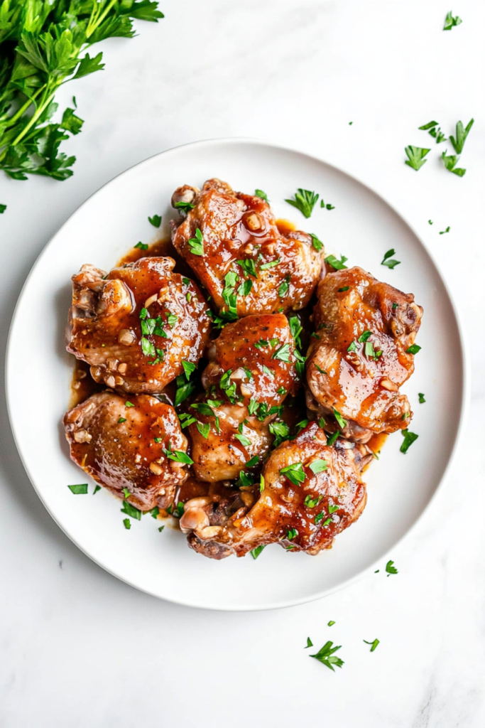 slow-cooker-chicken-thighs-served-on-a-plate-with-chopped-cilantro-garnish