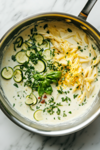 this image shows A colorful combination of cooked penne pasta, broccoli florets, asparagus, and peas being stirred into a creamy coconut milk sauce for Vegan Pasta Primavera.