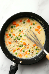 this image shows Gluten-free flour being added to the mixture, with the chef whisking to combine and thicken the sauce for the dish.