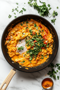 This image shows ground spices like turmeric, cumin, and curry powder being sprinkled into the sautéed vegetables, enhancing the flavor of the curry.
