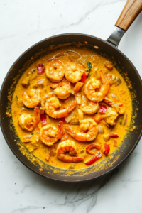 This image shows raw shrimp being added to the seasoned vegetable mixture in the skillet, ready to be cooked to perfection.