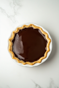 this image shows The pie is refrigerated to allow the chocolate filling to set firmly before adding the meringue topping.