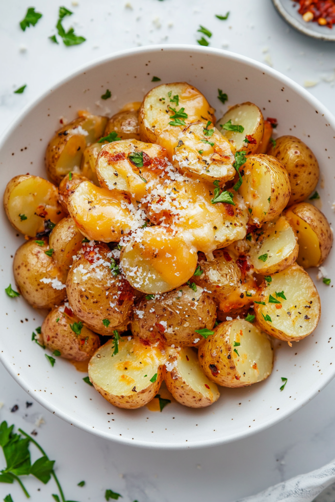 comforting-cheesy-potatoes-garnished-with-shredded-cheese-and-cilantro-in-a-white-bowl