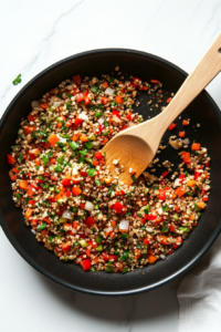 This image shows diced onions, bell peppers, and garlic being sautéed in a skillet, forming a fragrant and colorful vegetable base for the curry.