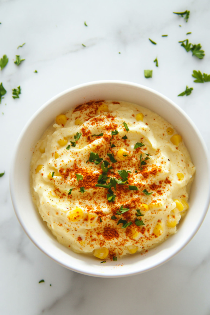 This image shows a rich and creamy bowl of creamed corn, garnished with a sprinkle of red paprika and fresh cilantro for added flavor.