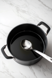 this image shows A pot on the stovetop with a drizzle of oil being heated, ready for sautéing ingredients for the creamy tomato pasta.