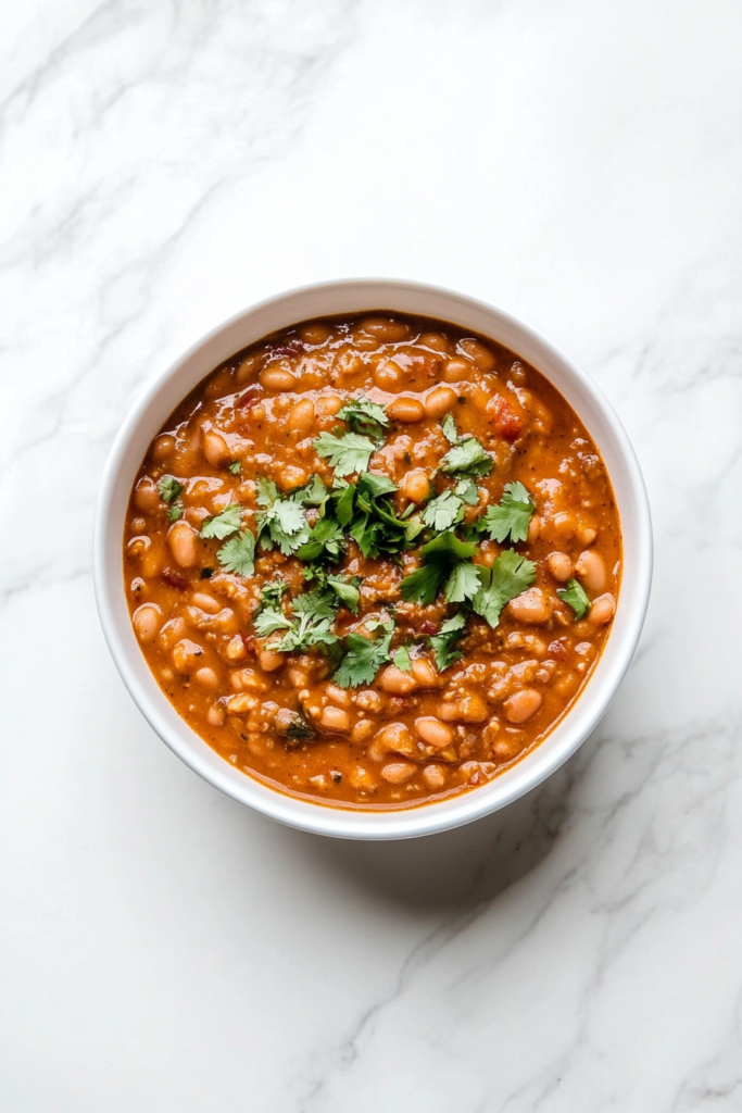 This image features a hearty dish of Mexican pintos with cactus, served in a flavorful broth and garnished with fresh cilantro.