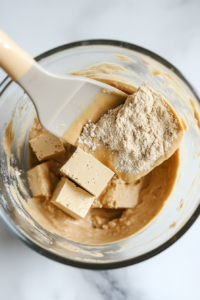 This image shows the tofu mixture being added to the dry ingredients and mixed thoroughly to form a cohesive dough.