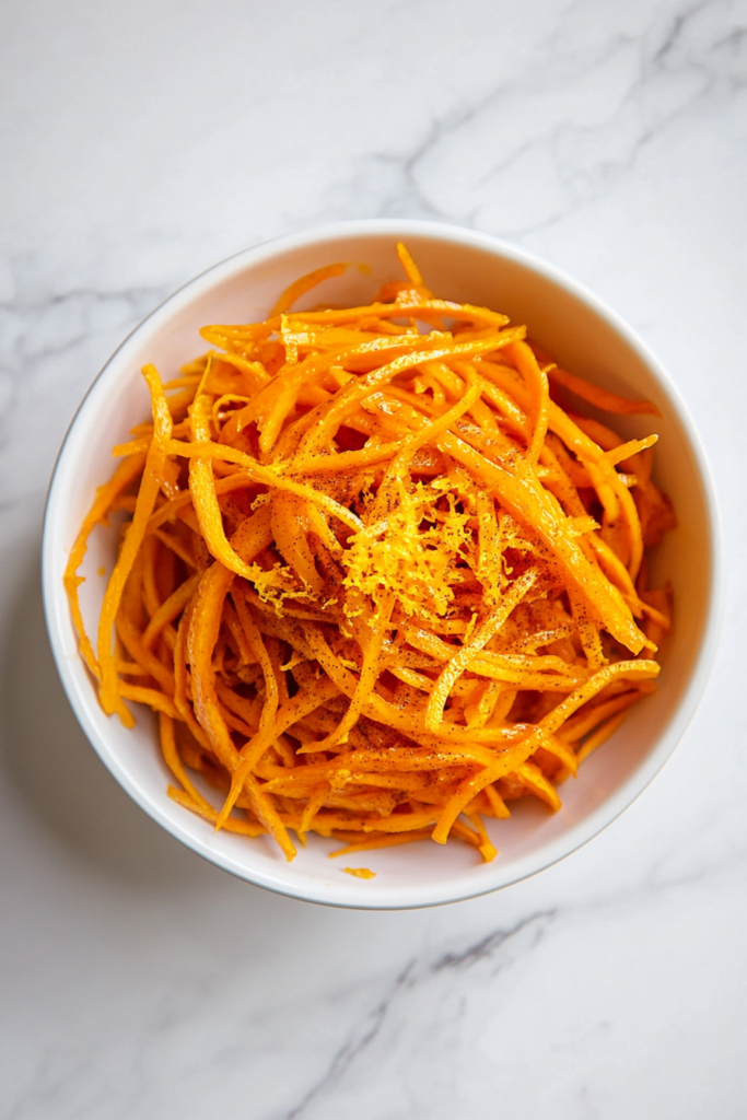 This image highlights orange spice carrots, slow-cooked to perfection and garnished with shredded cheese for a creamy texture.