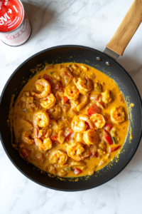 This image shows diced tomatoes and creamy coconut milk being poured into the skillet, creating a rich and aromatic curry sauce.