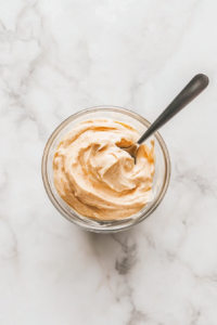 This image displays a bowl of creamy buffalo mayo being mixed with a spoon, creating the perfect tangy and spicy dip for the tenders.