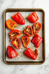 this image shows Red bell peppers being roasted until charred, releasing their sweet and smoky flavors, a key ingredient in the Roasted Red Pepper Cashew Cream Pasta sauce.