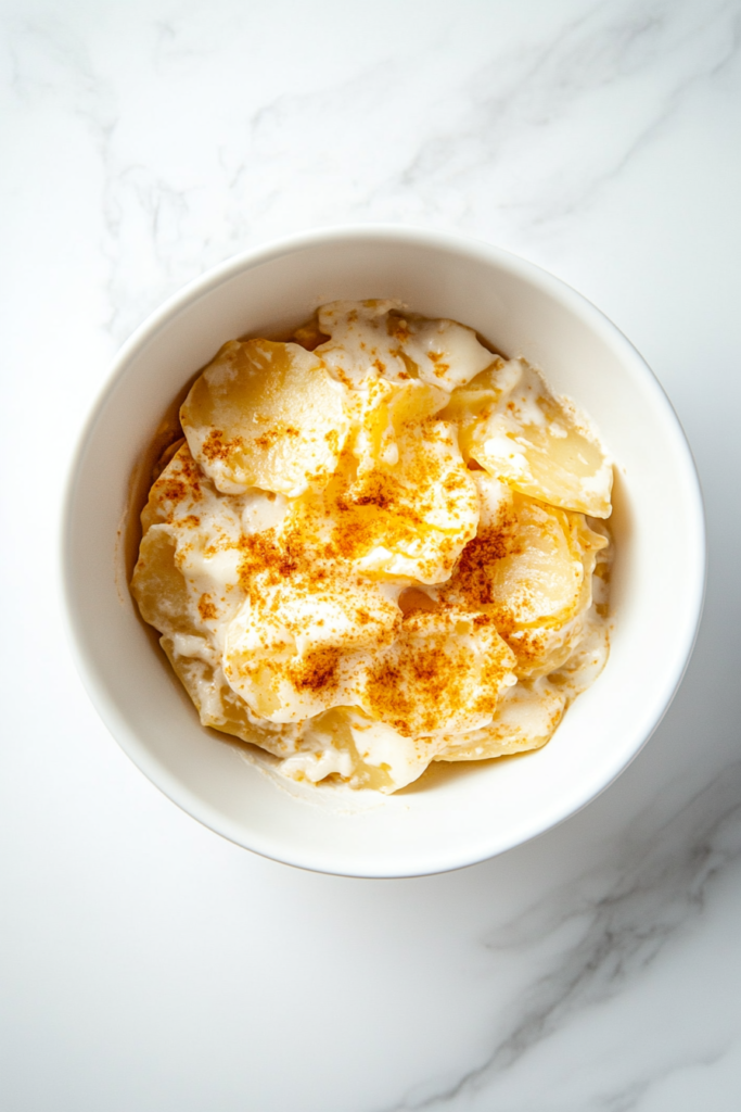 This image presents a dish of scalloped taters, slow-cooked and topped with a dash of red chili powder for a hint of spice.