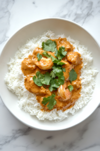 This image shows a beautifully plated dish of creamy coconut curry shrimp served alongside fluffy white rice, garnished with fresh cilantro for a pop of color and flavor.