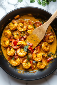 This image shows the coconut curry shrimp simmering in a skillet, with the sauce thickening and shrimp fully cooked, ready to be served alongside rice.