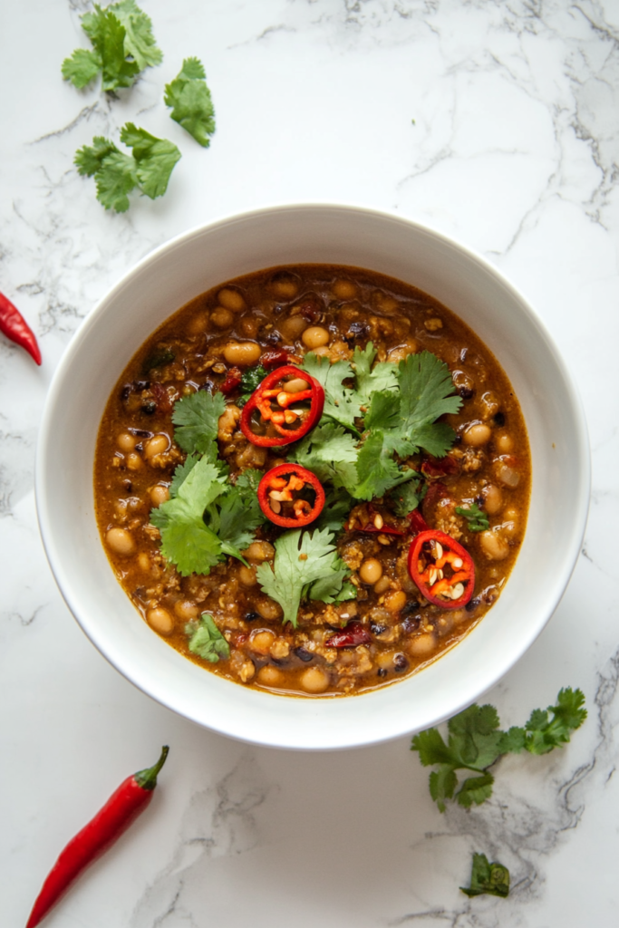 This image highlights a flavorful bowl of spicy black-eyed peas, garnished with fresh cilantro and chopped chili for a zesty finish.