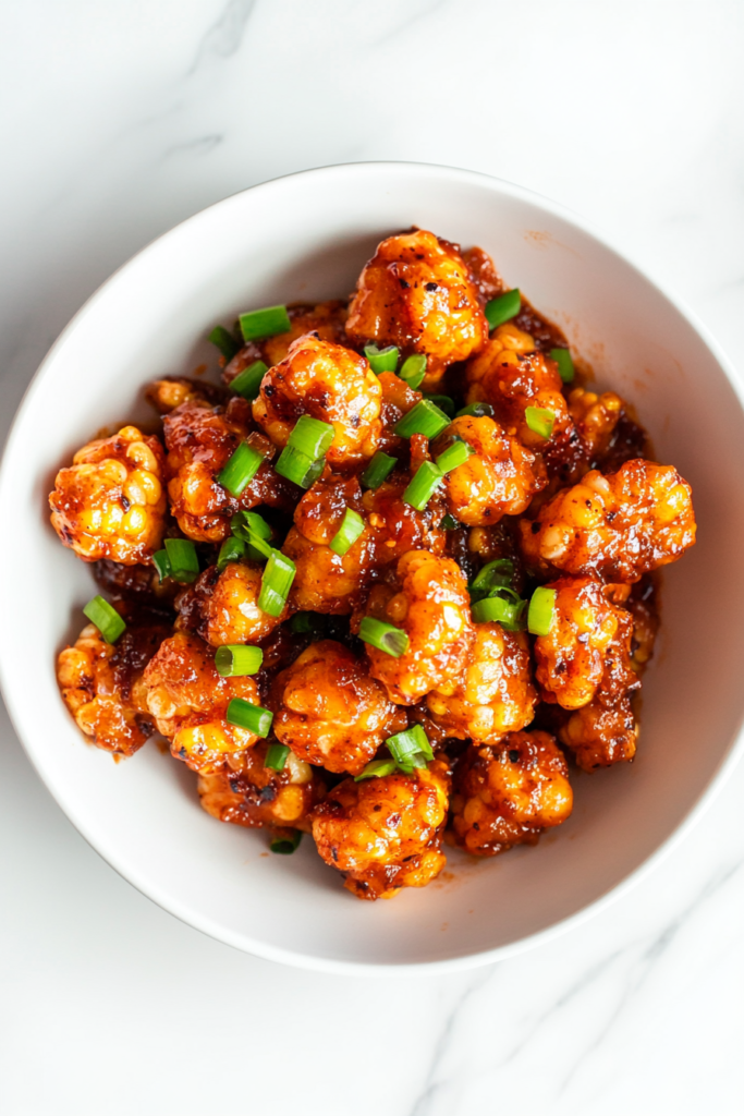 This image features sriracha corn, slow-cooked and coated in a tangy sauce, topped with sliced spring onions for a burst of freshness.