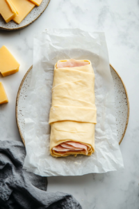 This image showcases slices of vegan cheese and ham being layered onto the rolled dough, ready to be sealed into fillets.