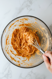 this image shows Cooked fettuccine being tossed in a skillet with creamy sweet potato sauce, ensuring the pasta is well-coated for a rich and flavorful dish.