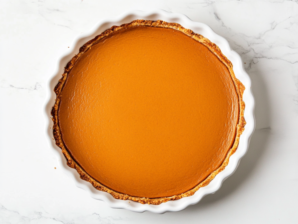 This image shows a beautifully baked vegan and gluten-free crustless pumpkin pie, featuring a smooth, spiced pumpkin filling in the center, surrounded by a golden almond butter crust, perfect for a wholesome dessert.