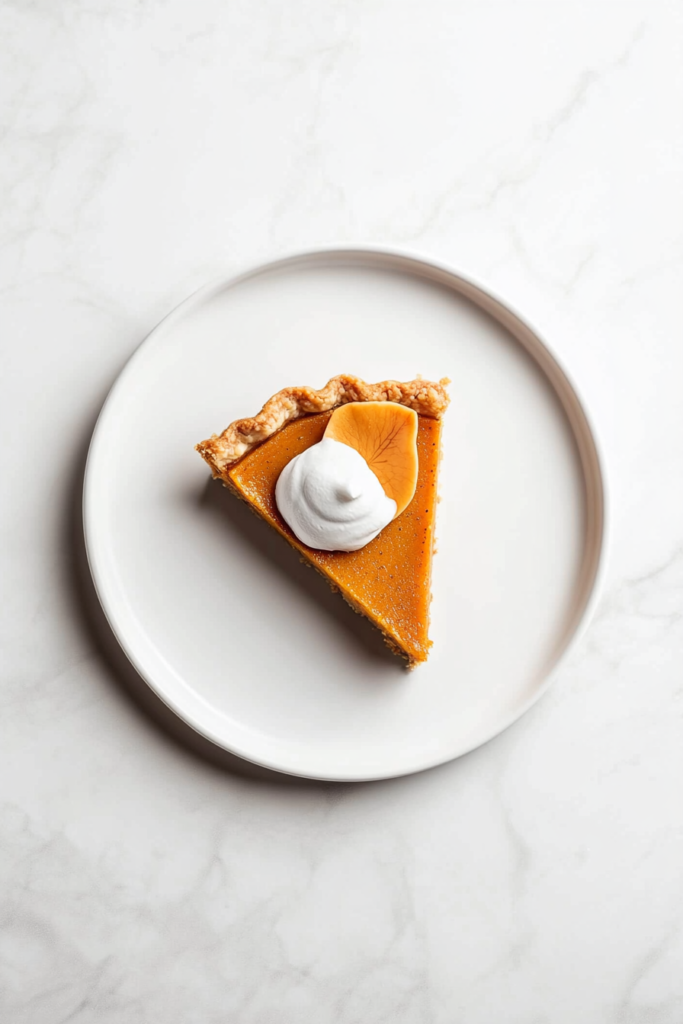 this image shows flavorful slice of vegan gluten-free pumpkin pie, topped with a dollop of whipped cream and a small pumpkin slice, served on a white round plate.