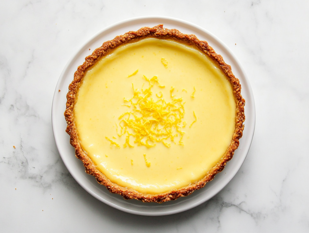 this image shows A delightful vegan lemon pie with a smooth, creamy, and tangy filling in the center, garnished with vibrant lemon zest and served in a round white dish, perfect for any occasion.