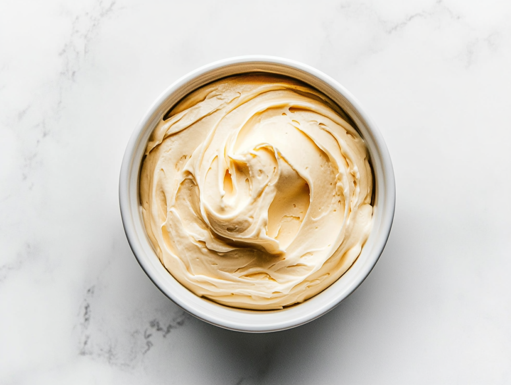 This image shows a creamy vegan pastry cream served in a pristine white bowl, made with ingredients like cornstarch, soy milk, granulated sugar, vegan butter, and a vanilla pod, perfect for filling desserts like cakes and tarts.