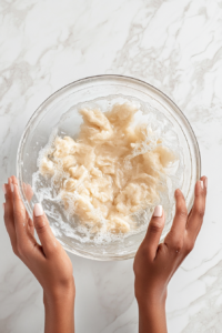 This image shows dough being washed under running water, removing starch and leaving behind a stretchy gluten base for the vegan chicken.