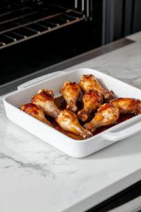 This image shows the glazed drumsticks returning to the oven for a second round of baking, intensifying the flavor and caramelization.