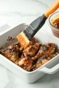 This image shows a brush being used to coat baked chicken drumsticks with the sticky orange marmalade glaze.