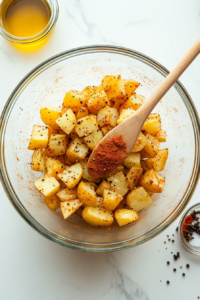 This image shows diced potatoes being coated with seasoning in a bowl, ensuring they are evenly covered before cooking for the Garlic Parmesan Chicken Potatoes dish.