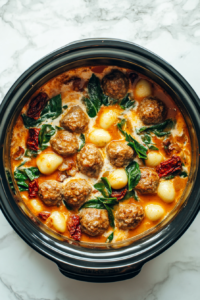 This image shows soft gnocchi, vibrant spinach, sun-dried tomatoes, and heavy cream being stirred into the slow-cooked meatballs.