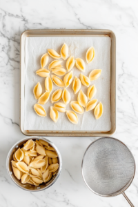 This image shows freshly cooked pasta shells being drained in a colander and left to cool before filling.