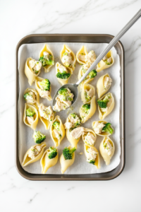 This image shows a hand carefully stuffing each pasta shell with the creamy chicken and broccoli filling.