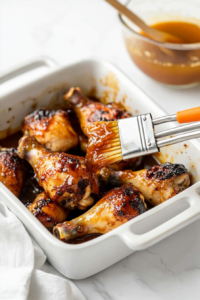 This image shows the drumsticks being flipped over and brushed with another layer of orange marmalade glaze for extra coating.