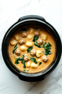 This image shows the creamy sauce thickening as the gnocchi absorbs all the rich, Tuscan flavors.