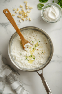 This image shows a saucepan with butter, garlic, and cream being stirred together, creating a rich and creamy Alfredo sauce.