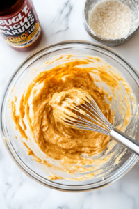 This image shows a rich, creamy garlic Parmesan sauce being whisked together in a bowl, getting ready to be poured over the chicken and potatoes.