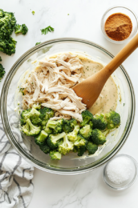 This image shows a bowl with tender shredded chicken and finely chopped broccoli, the main filling for the stuffed shells.
